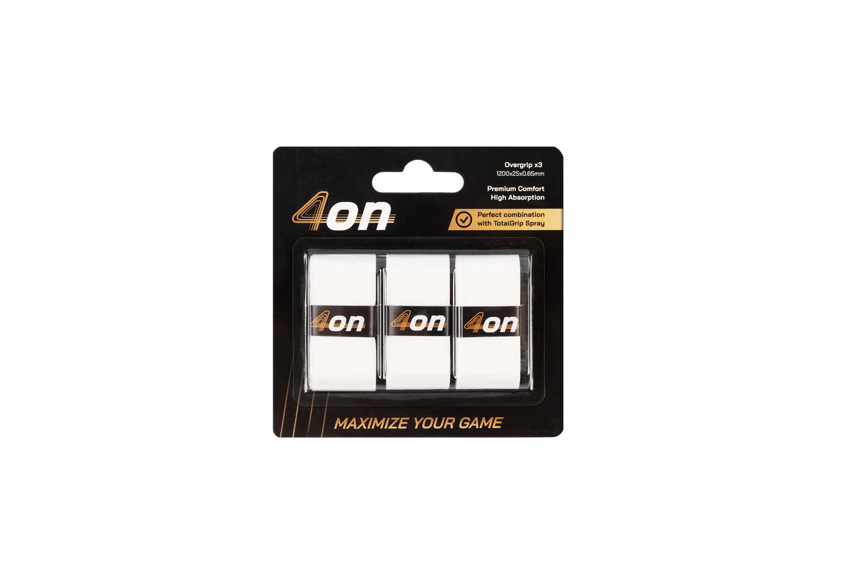 Pack of three white 4on Premium Comfort Overgrips shown in the retail packaging.
