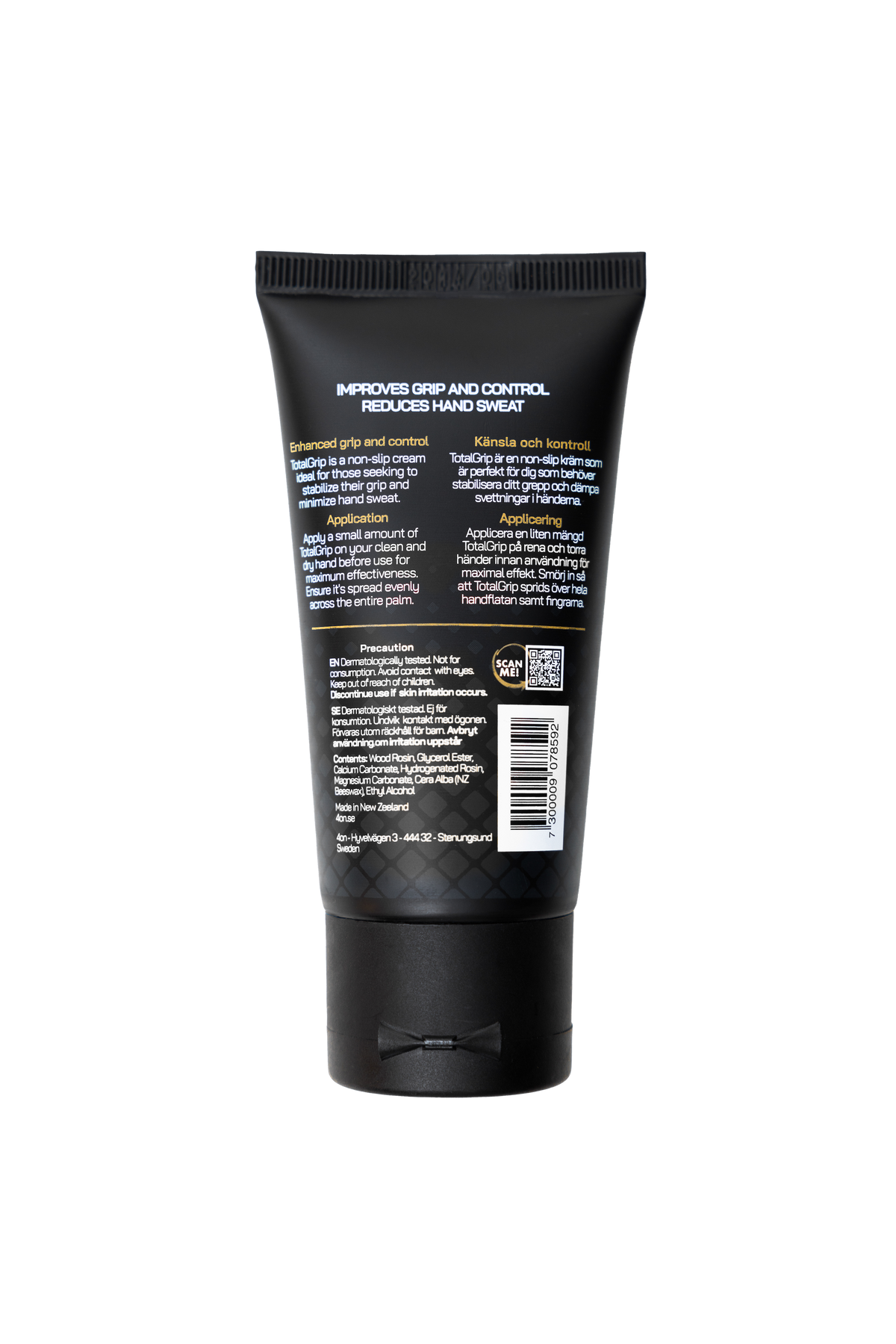 Back view of the 4on TotalGrip Paste tube showing the product label and packaging information.